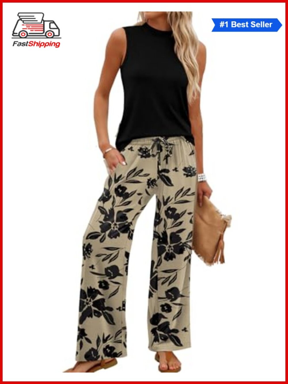 ✨WIHOLL Two Piece Set Mock Neck Sleeveless Top Wide Leg Pants Women Travel